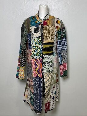 Handmade Patch Work Jacket Kantha Quilt Women's Medium Long Coat Reversible